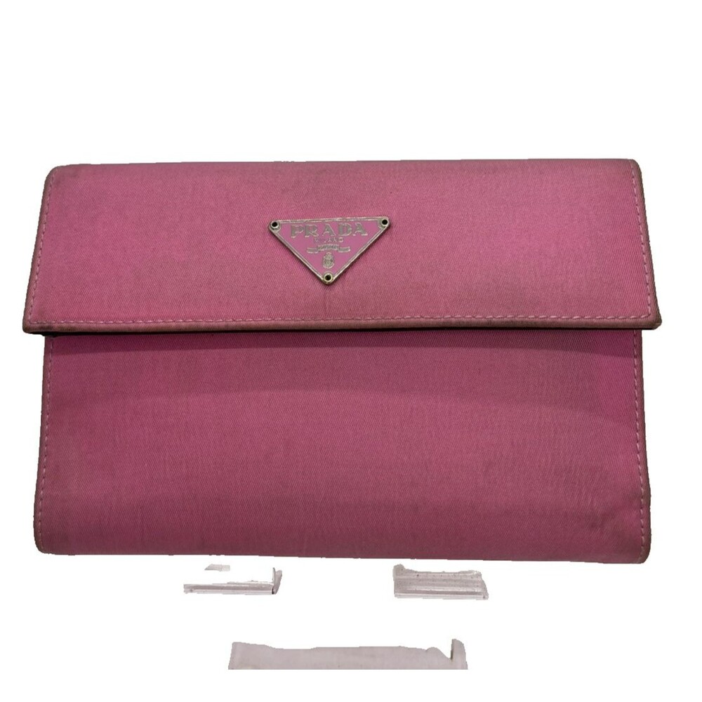 PRADA Pink Nylon Logo Plate Trifold Wallet Designer Authentic/31